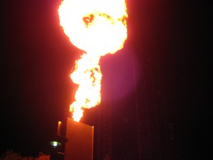 Fire spitting sculptures along the Yarra River