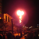 Fire spitting sculptures along the Yarra River