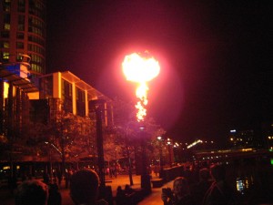Fire spitting sculptures along the Yarra River