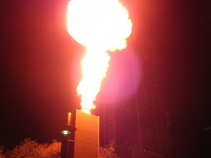 Fire spitting sculptures along the Yarra River