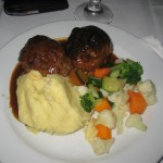 My meal; mashed potatoes, veggies and giant meatballs aka Frikadellen