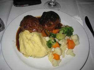 My meal; mashed potatoes, veggies and giant meatballs aka Frikadellen